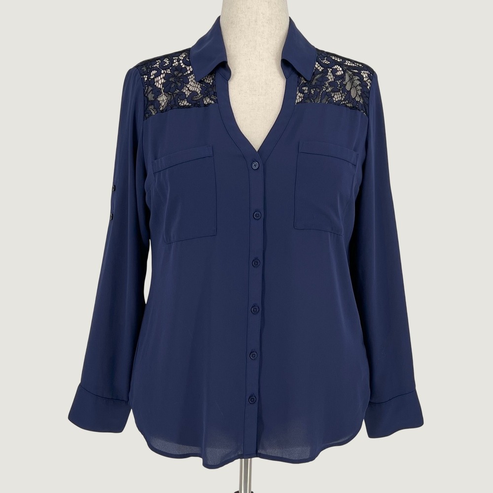 Express The Portofino Shirt Floral Lace Detail Button Front Blouse Size L Blue